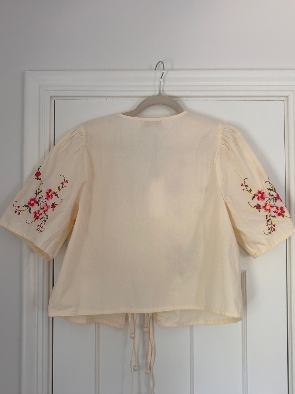 Cream Embroidered Floral Tie-Front Blouse - Picture 6 of 6